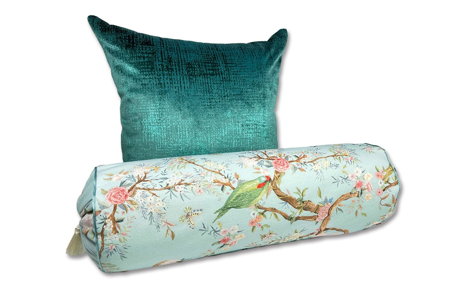 Birds in the Garden 花園の小鳥 フランス製コットン ボルスター クッション タッセル付 (bleu) 50×16Φ 中材付 - HOUSE OF JAPAN Shop