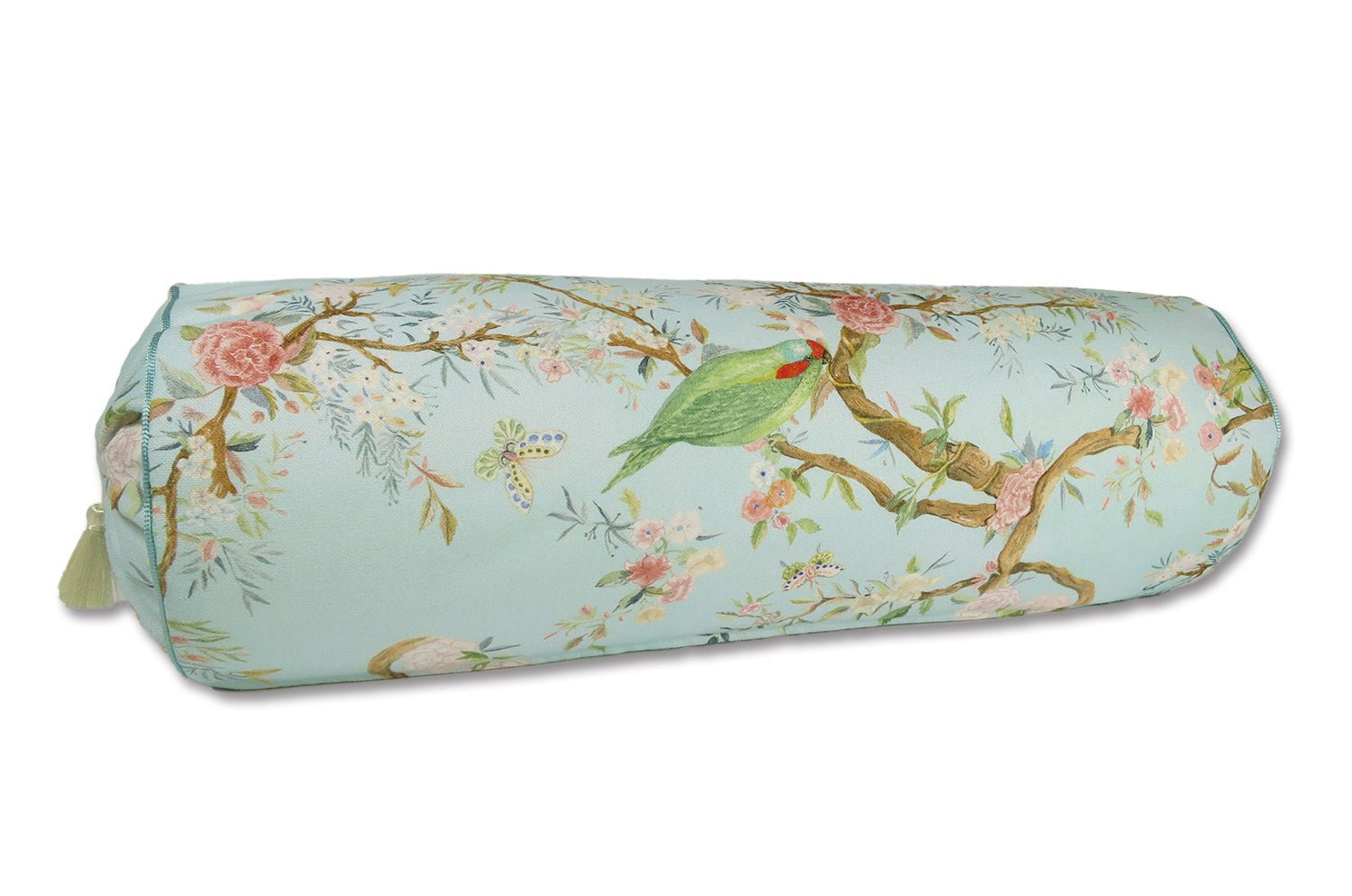 Birds in the Garden 花園の小鳥 フランス製コットン ボルスター クッション タッセル付 (bleu) 50×16Φ 中材付 - HOUSE OF JAPAN Shop
