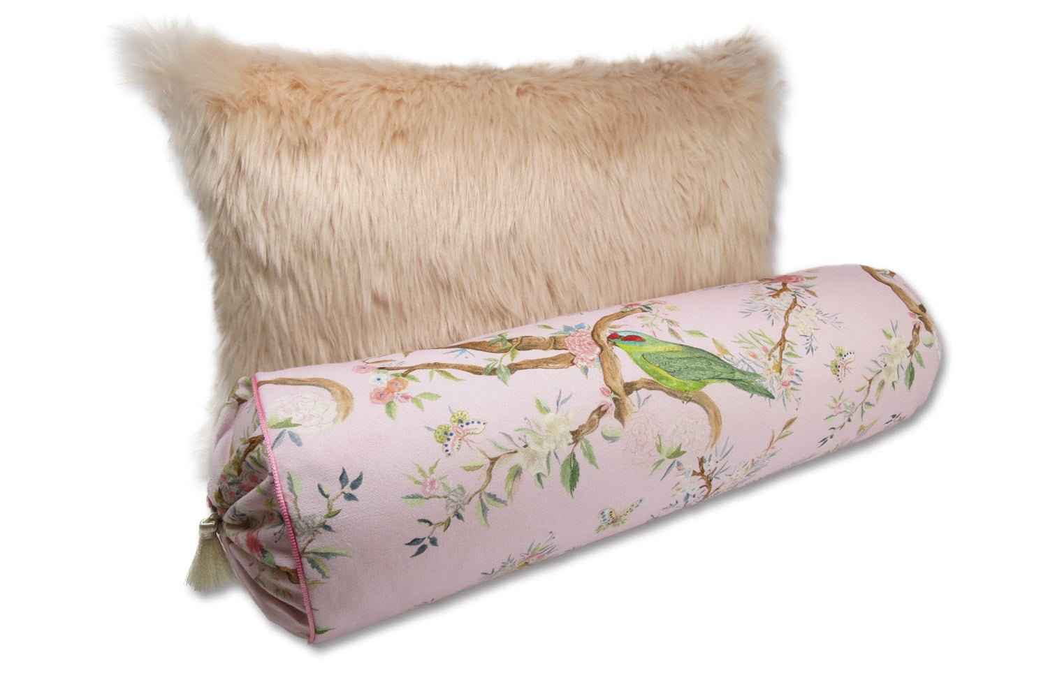 Birds in the Garden 花園の小鳥 フランス製コットン ボルスター クッション タッセル付 (rose) 50×16Φ 中材付 - HOUSE OF JAPAN Shop