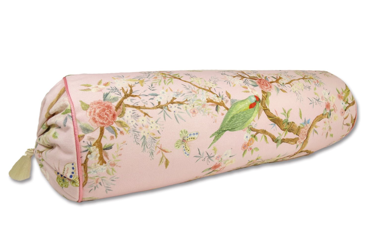 Birds in the Garden 花園の小鳥 フランス製コットン ボルスター クッション タッセル付 (rose) 50×16Φ 中材付 - HOUSE OF JAPAN Shop