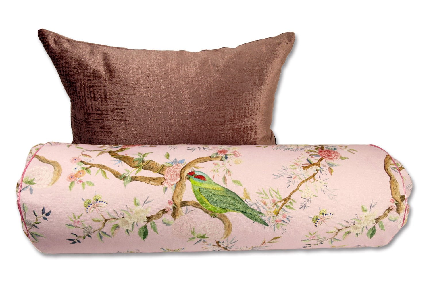 Birds in the Garden 花園の小鳥 フランス製コットン ボルスター クッション タッセル付 (rose) 50×16Φ 中材付 - HOUSE OF JAPAN Shop