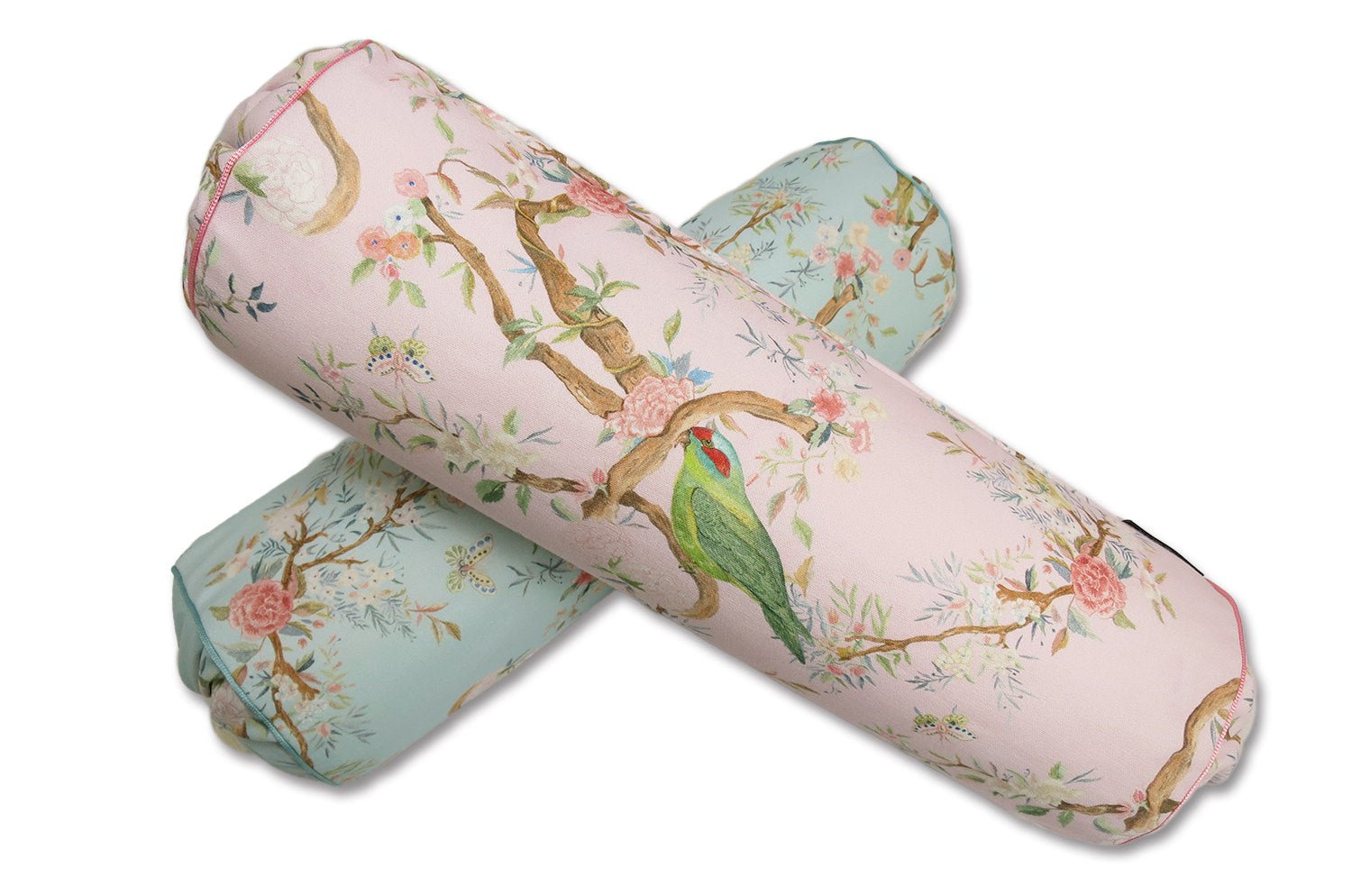 Birds in the Garden 花園の小鳥 フランス製コットン ボルスター クッション タッセル付 (rose) 50×16Φ 中材付 - HOUSE OF JAPAN Shop