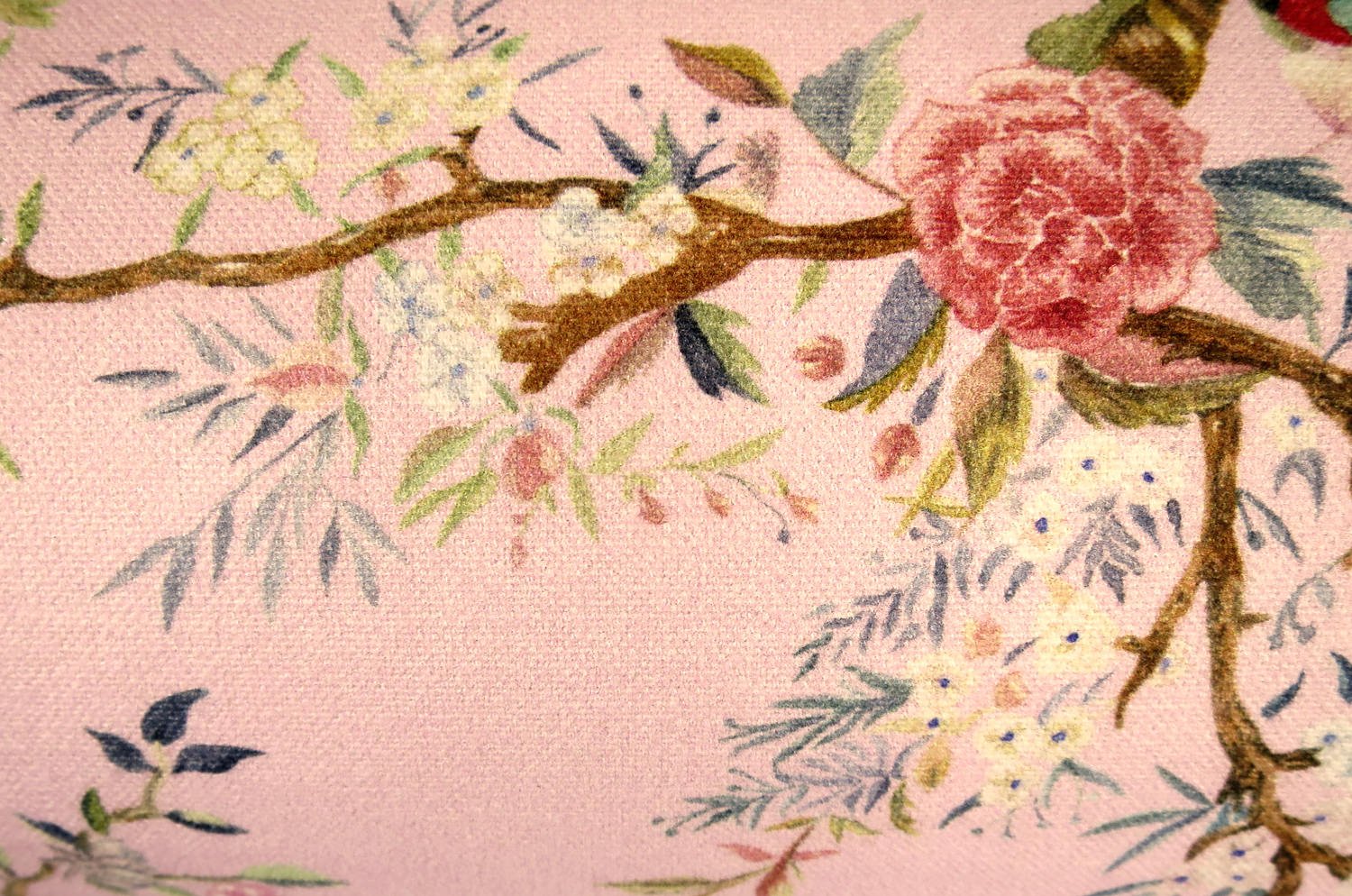 Birds in the Garden 花園の小鳥 フランス製コットン ボルスター クッション タッセル付 (rose) 50×16Φ 中材付 - HOUSE OF JAPAN Shop