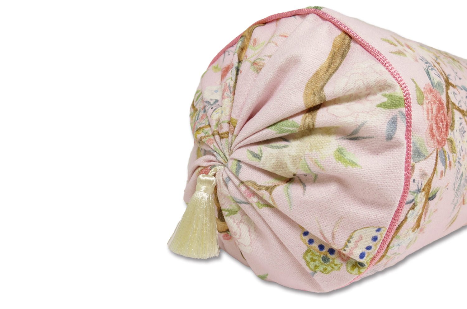 Birds in the Garden 花園の小鳥 フランス製コットン ボルスター クッション タッセル付 (rose) 50×16Φ 中材付 - HOUSE OF JAPAN Shop