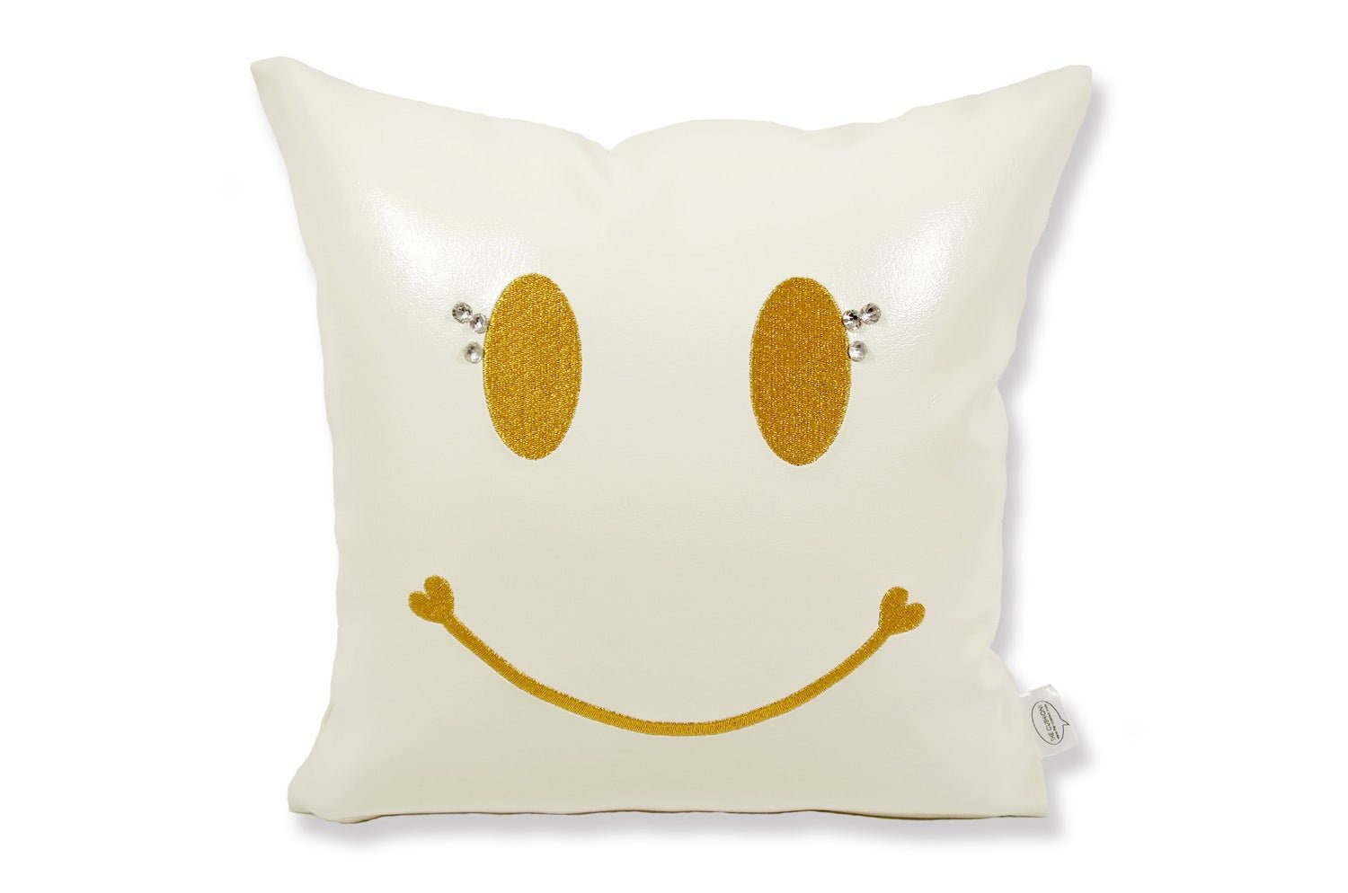 The Chibi Smile チビスマイル キュートゴールドスマイル 『ニコフェイス®』刺繍クッション まつ毛スワロフスキー ホワイト 34×34cm 中材付 - HOUSE OF JAPAN Shop