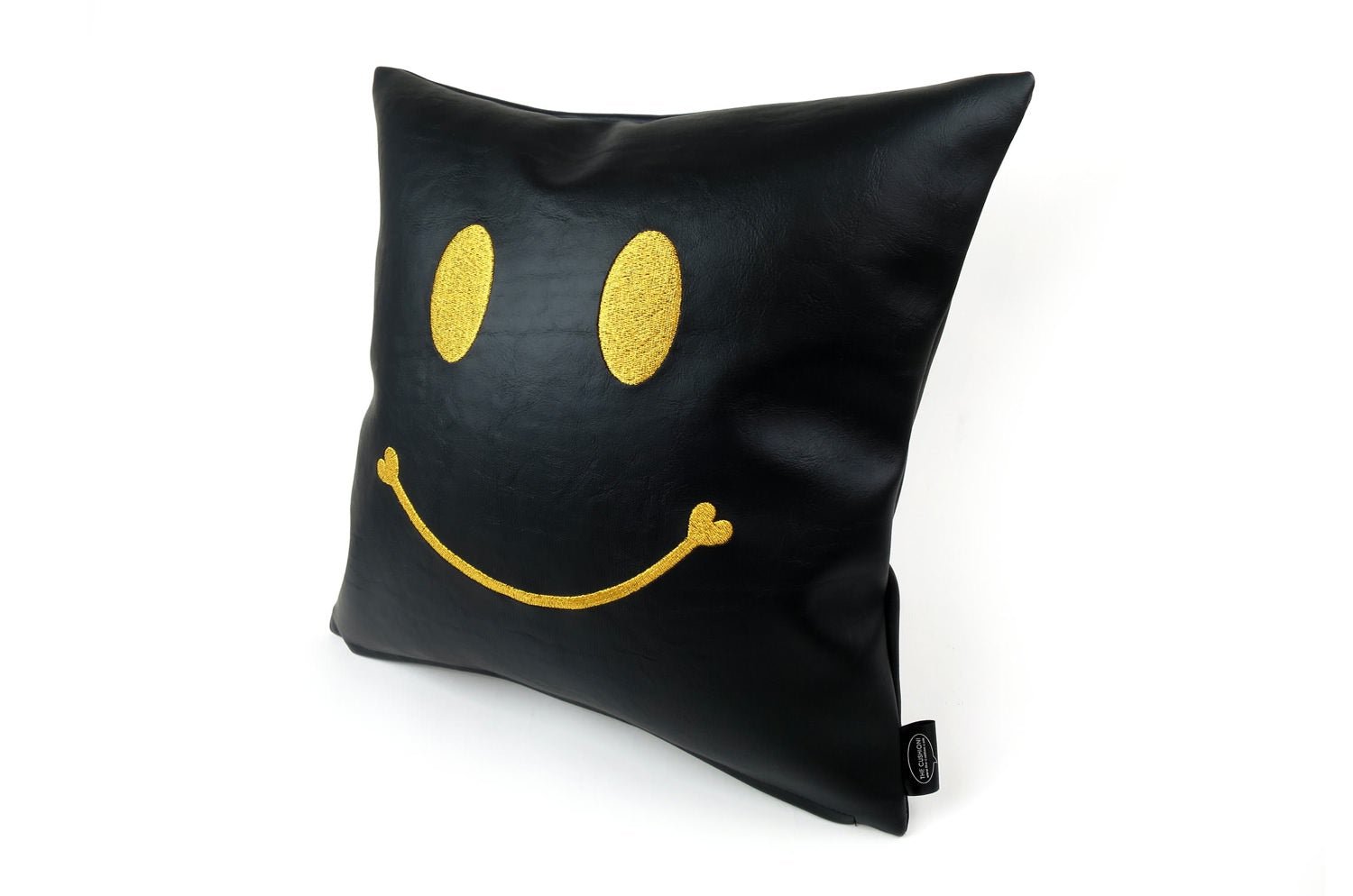 The Chibi Smile チビスマイル キュートゴールドスマイル 『ニコフェイス®』刺繍クッション ブラック 34×34cm 中材付 - HOUSE OF JAPAN Shop