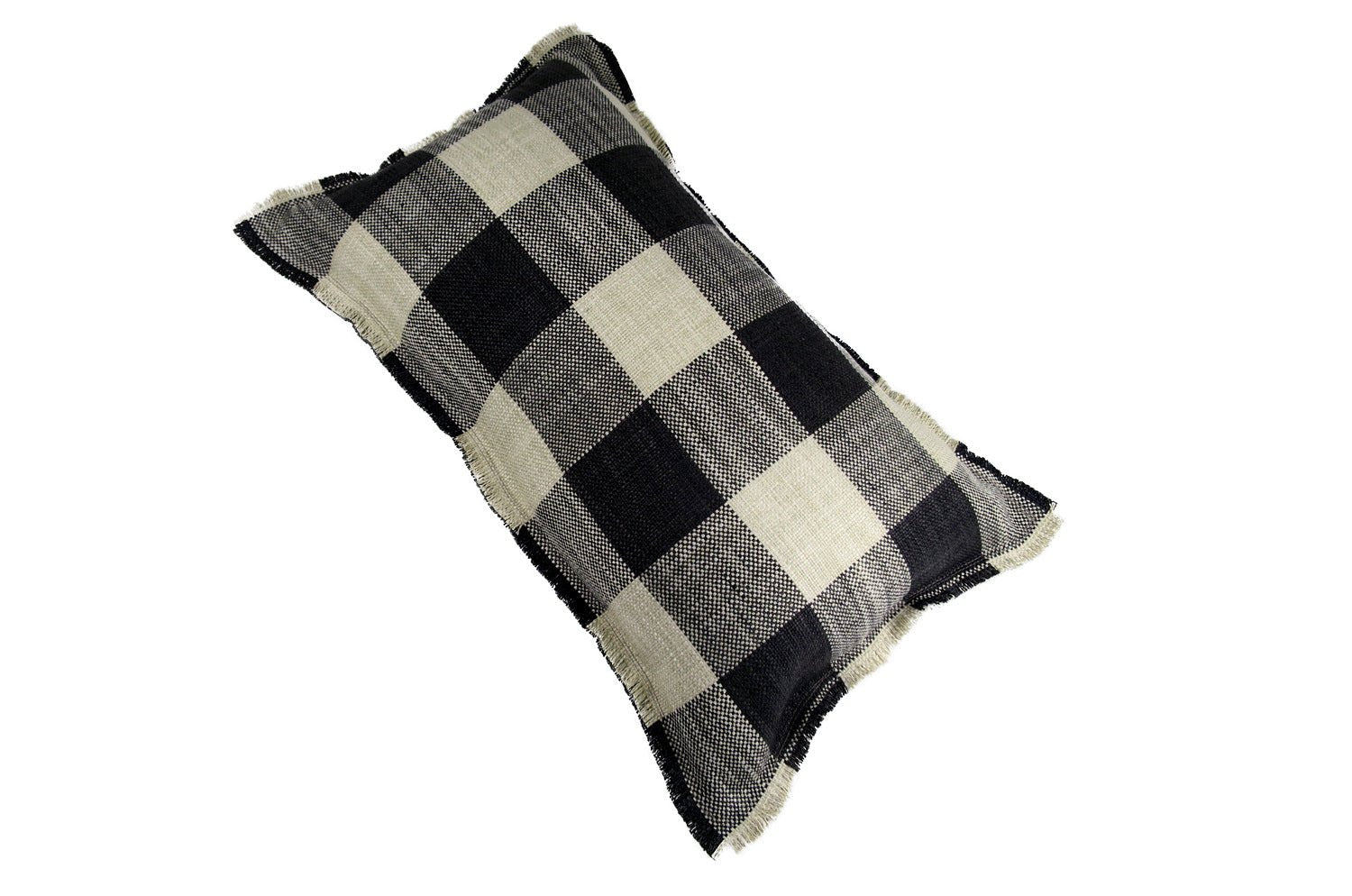 The Fringe リネンライクジャカード チェック柄フリンジ クッション オニキス 50×30cm 中材付 - HOUSE OF JAPAN Shop