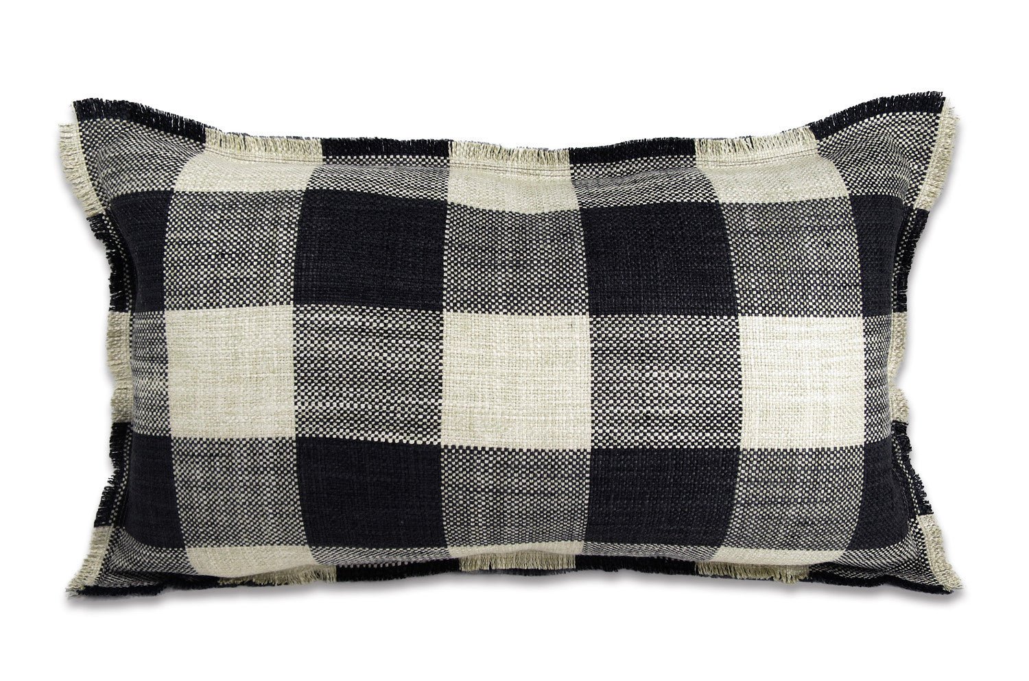 The Fringe リネンライクジャカード チェック柄フリンジ クッション オニキス 50×30cm 中材付 - HOUSE OF JAPAN Shop