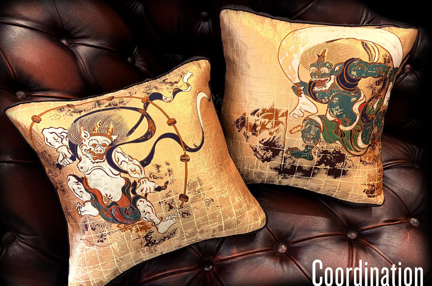 The Fujin Raijin 風神雷神図 西陣織 クッションセット 34×34×4cm 中材付 - HOUSE OF JAPAN Shop
