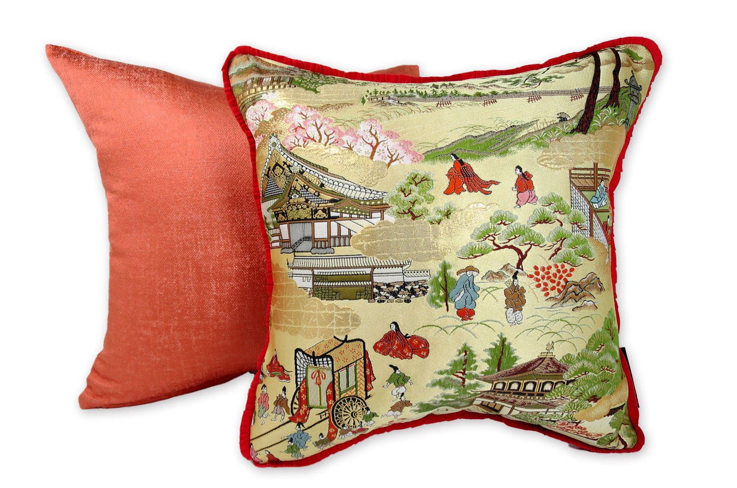 The Kyoto 源氏絵 銀閣寺・二条城 ・御所車 西陣織 クッション 35×35cm 中材付 - HOUSE OF JAPAN Shop