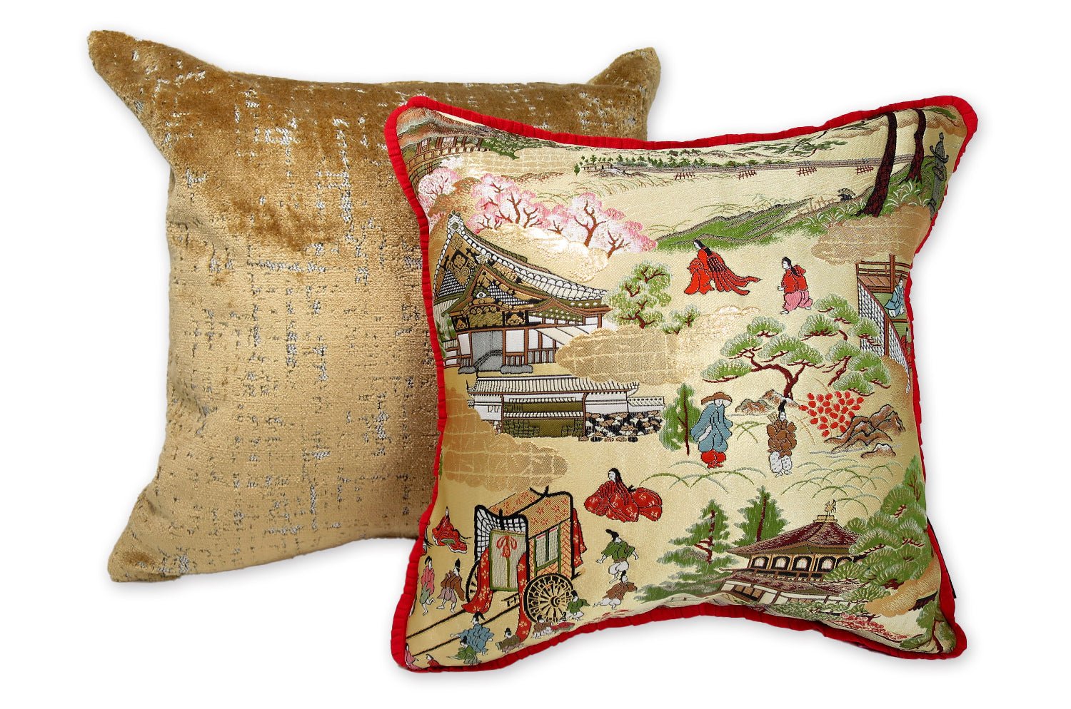 The Kyoto 源氏絵 銀閣寺・二条城 ・御所車 西陣織 クッション 35×35cm 中材付 - HOUSE OF JAPAN Shop