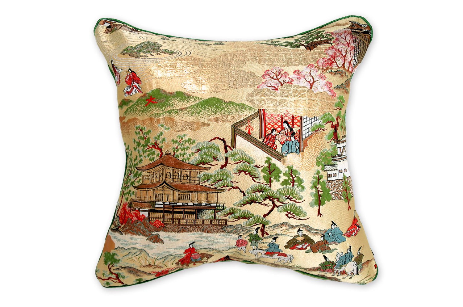 The Kyoto 源氏絵 金閣寺・枯山水庭園・御所車 西陣織 クッション 35×35cm 中材付 - HOUSE OF JAPAN Shop