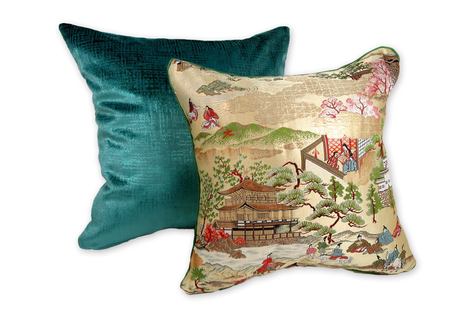 The Kyoto 源氏絵 金閣寺・枯山水庭園・御所車 西陣織 クッション 35×35cm 中材付 - HOUSE OF JAPAN Shop