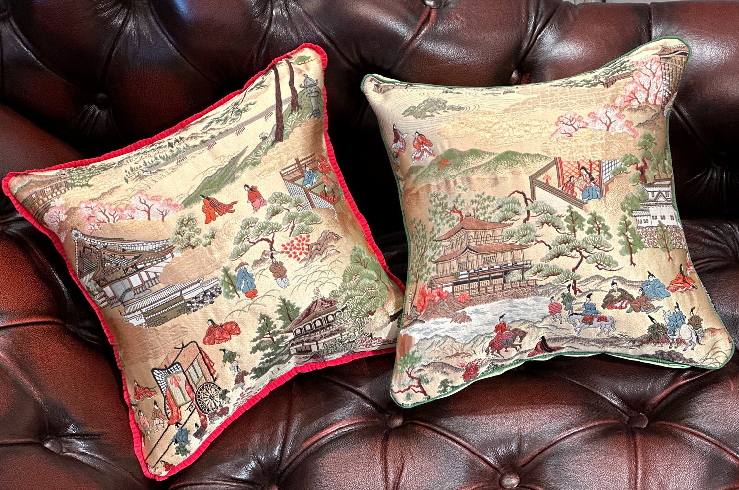 The Kyoto 源氏絵 金閣寺・枯山水庭園・御所車 西陣織 クッション 35×35cm 中材付 - HOUSE OF JAPAN Shop