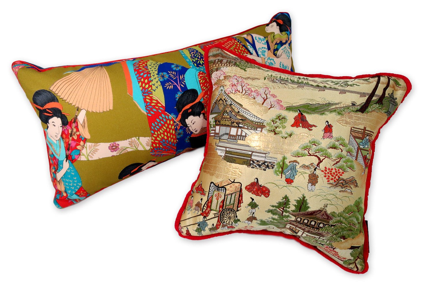 The Kyoto 源氏絵 銀閣寺・二条城 ・御所車 西陣織 クッション 35×35cm 中材付 - HOUSE OF JAPAN Shop