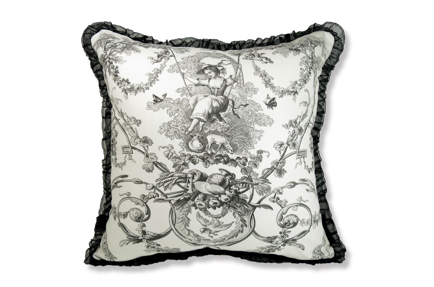 The toile de Jouy トワルドジュイ フレンチシアーフリルクッションカバー (ブラックホワイト) 42×42cm - HOUSE OF JAPAN Shop