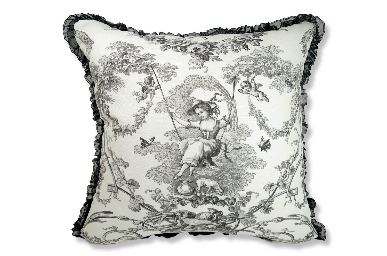 The toile de Jouy トワルドジュイ フレンチシアーフリルクッションカバー (ブラックホワイト) 42×42cm - HOUSE OF JAPAN Shop