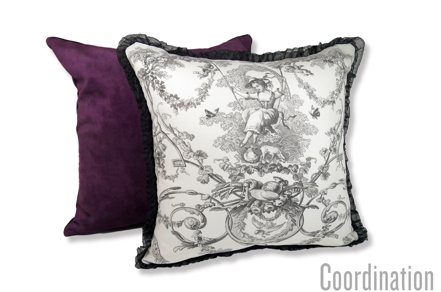 The toile de Jouy トワルドジュイ フレンチシアーフリルクッションカバー (ブラックホワイト) 42×42cm - HOUSE OF JAPAN Shop