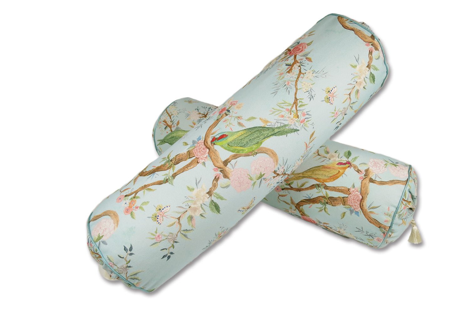 Birds in the Garden 花園の小鳥 フランス製コットン ボルスター クッション タッセル付 (bleu) 50×16Φ 中材付 - HOUSE OF JAPAN Shop