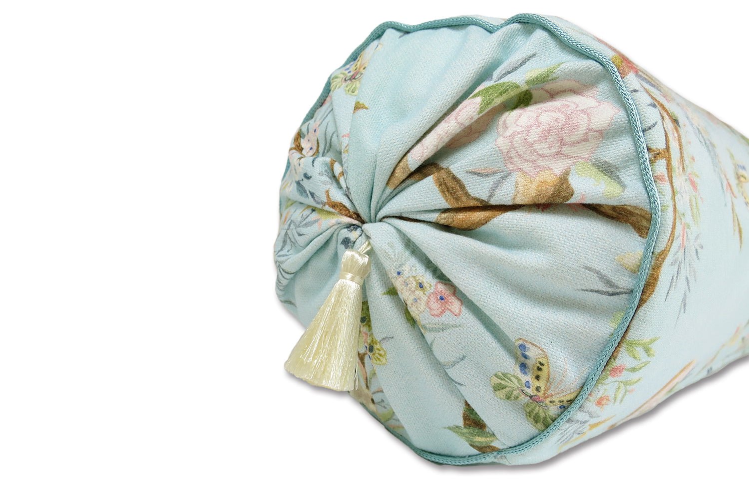 Birds in the Garden 花園の小鳥 フランス製コットン ボルスター クッション タッセル付 (bleu) 50×16Φ 中材付 - HOUSE OF JAPAN Shop