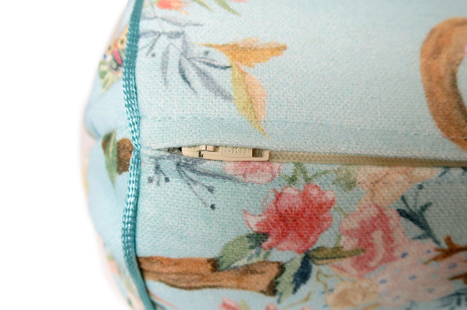 Birds in the Garden 花園の小鳥 フランス製コットン ボルスター クッション タッセル付 (bleu) 50×16Φ 中材付 - HOUSE OF JAPAN Shop