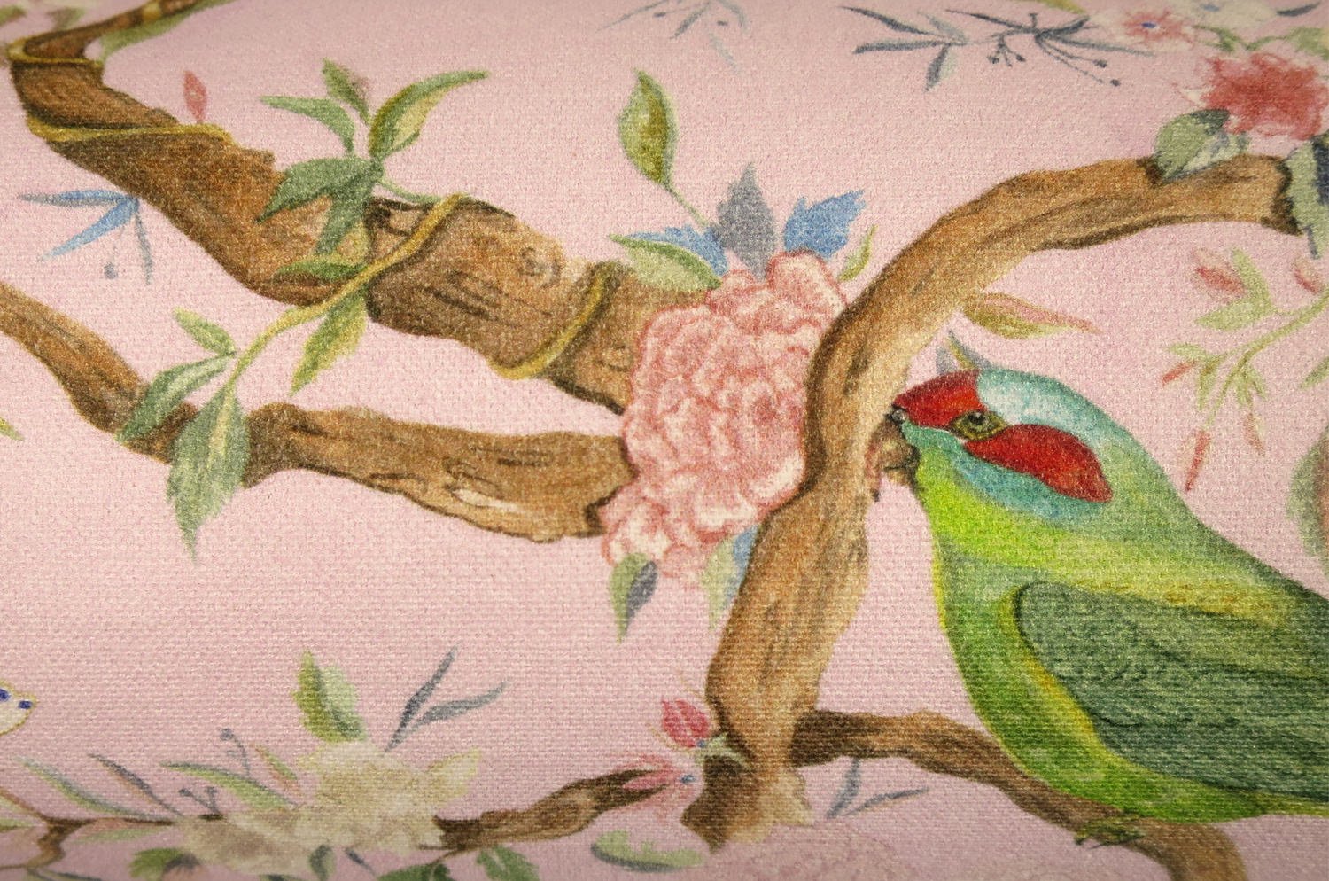 Birds in the Garden 花園の小鳥 フランス製コットン ボルスター クッション タッセル付 (rose) 50×16Φ 中材付 - HOUSE OF JAPAN Shop