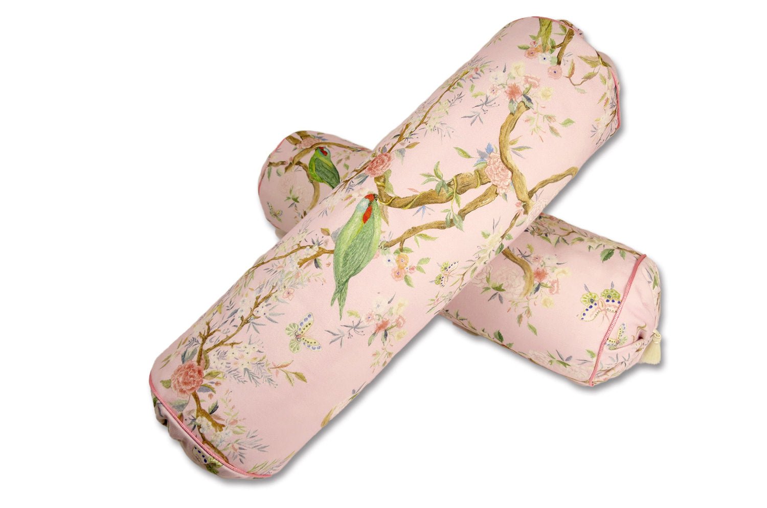 Birds in the Garden 花園の小鳥 フランス製コットン ボルスター クッション タッセル付 (rose) 50×16Φ 中材付 - HOUSE OF JAPAN Shop